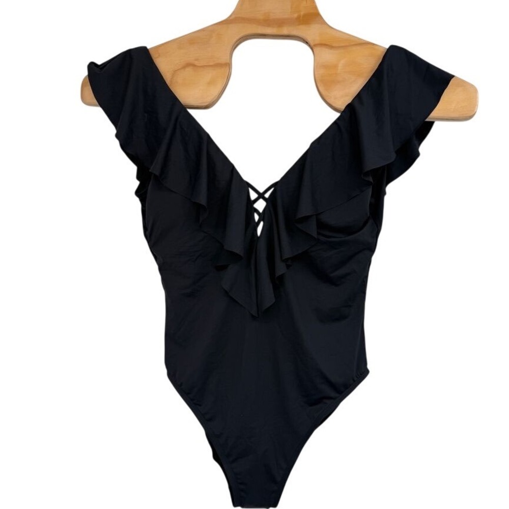 La Blanca Island Goddess Black Ruffle Plunge One Piece Swimsuit NWT Sz 13